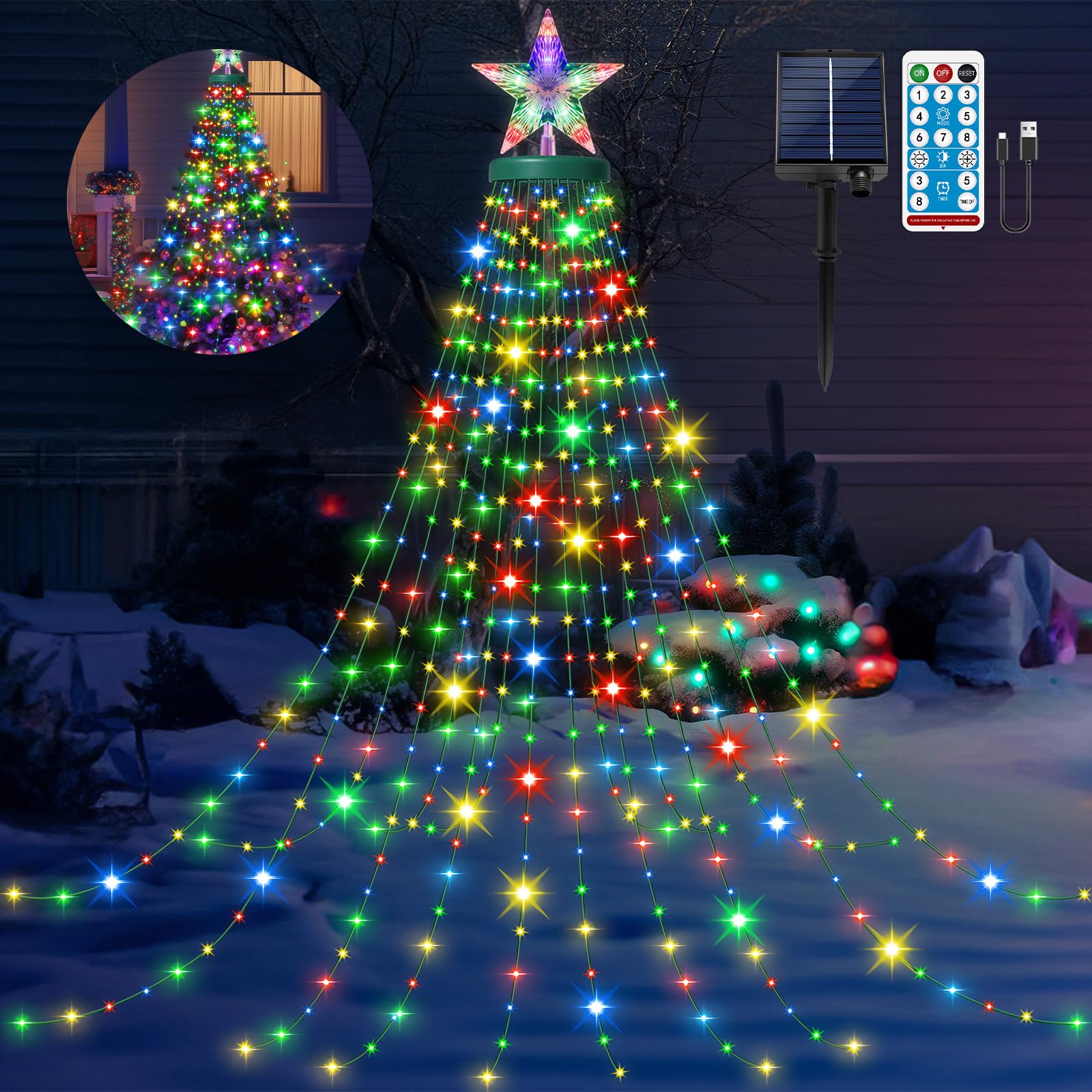 HELESIN String Lights Solar Powered, 6.56FT 8 Modes (Multicolor) Tree Lights with Timer, Dimmable Remote, 410 LED Solar Waterfall Tree Lights USB Powered for Indoor Outdoor Yard, Party, Xmas Decor