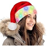 RELPOM Light Up Fluffy Fur Santa Claus Hat With LED Lights, Red Velvet Santa Hat For Men, Women & Kids