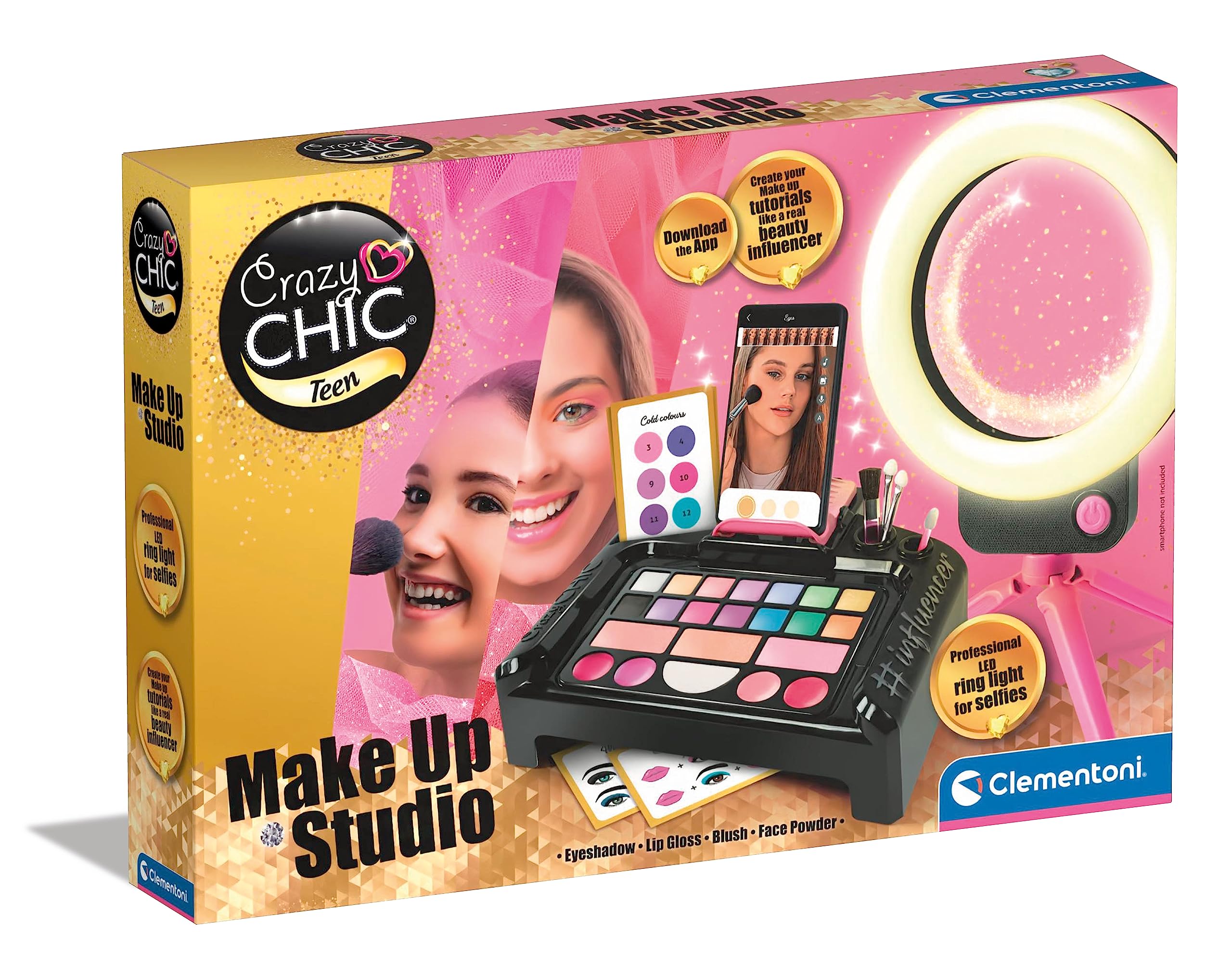 Clementoni- Crazy Chic Make-Up Studio: Illuminated Make-Up Set with Washable Cosmetics & Professional Brushes for Kids (6+ Years )