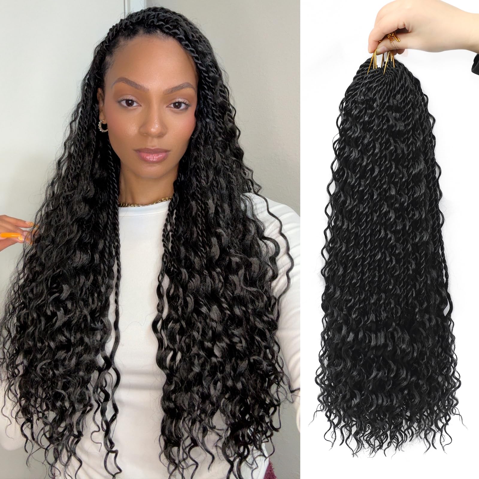 Photo 1 of 18 Inch Senegalese Twist Crochet Hair with Curly Ends 8 Packs Natural Black Pre-Looped Boho Goddess Island Twist Bohemian Braids Braiding Hair for Black Women 1B