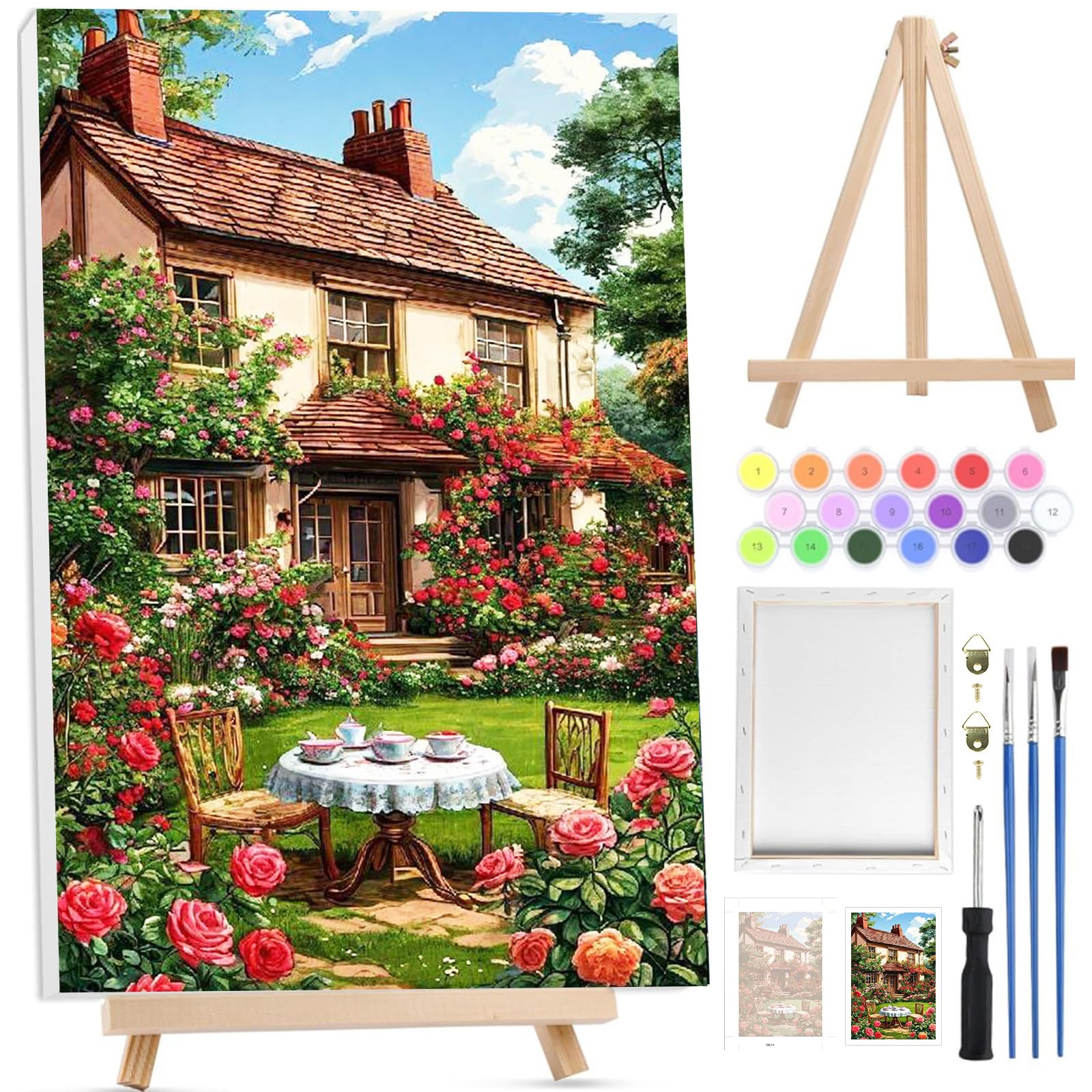 Bowetile Easter Paint by Numbers for Adults with Framed Canvas&Wooden Easel, Garden Painting by Numbers Kit for Adults Beginners Canvas Kit,Color Oil Painting Acrylic Paints Home Wall Decor 20x30cm