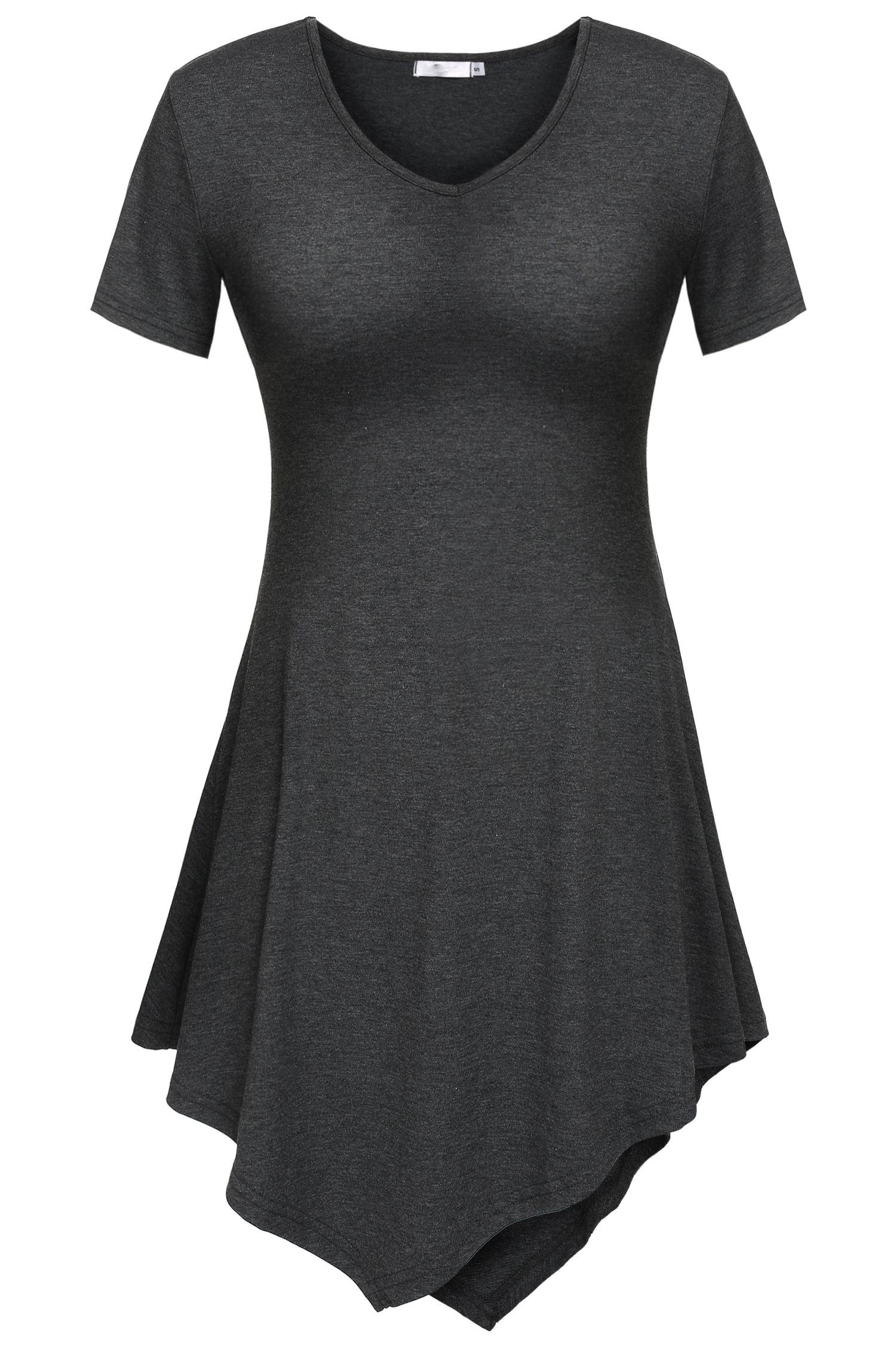 ELESOL Women\'s V Neck Short Sleeve Handkerchief Hem Lightweight Flare Tunic Top Dark Gray M