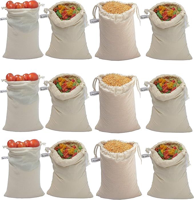 Beddify 100 Cotton Set of 12 Reusable Fridge Storage Bags for