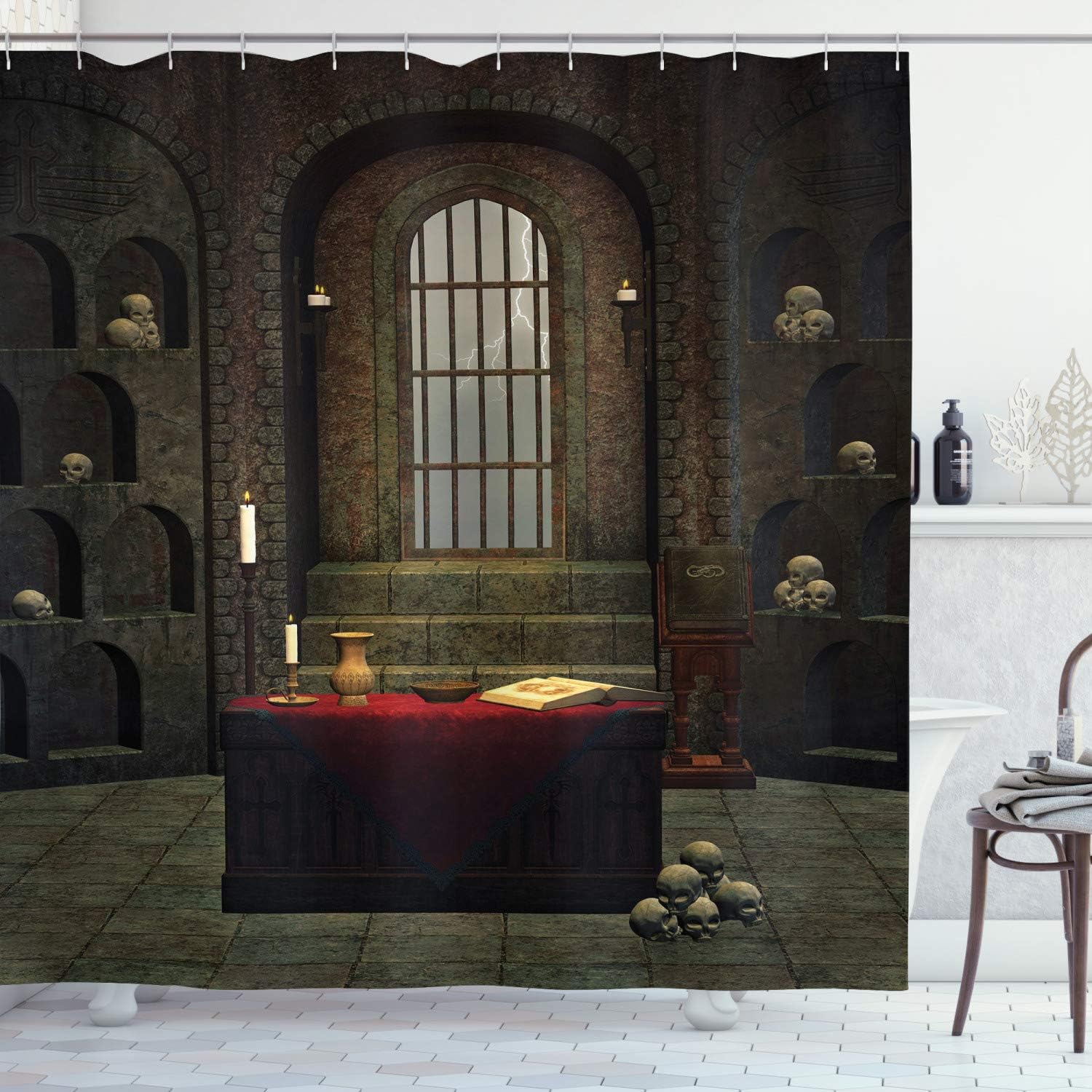 Amazon Com Ambesonne Gothic Shower Curtain Fantasy Theme Spell Casting Warlock Witch Skulls On Shelves Candles Spooky Scenery Fabric Bathroom Decor Set With Hooks 75 Inches Long Red Brown Home Kitchen