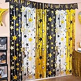LOLStar Black and Gold Party Decorations, 2 Pack Gold Black Silver Star Pattern Birthday Party Decoration 3.3X6.6 ft Foil Fringe Curtains NYE Tinsel Backdrop Streamers Photobooth Props Star Door Decor