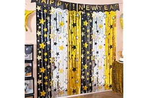LOLStar New Years Eve Party Supplies 2026, 2 Pack Black Gold Silver Star Pattern New Years Decorations 3.3X6.6 ft Foil Fringe Curtains NYE Backdrop Birthday Party Photobooth Props Streamers Decor