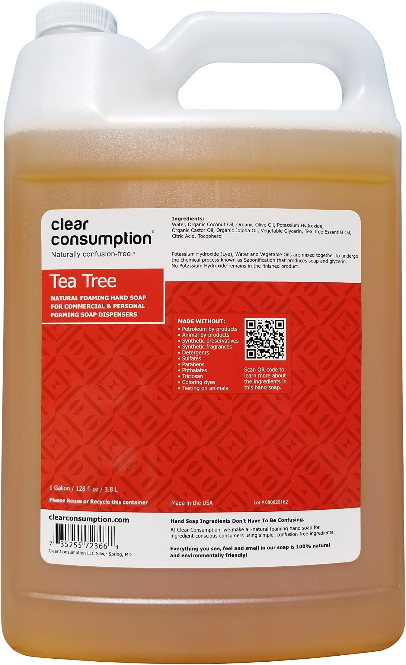 Clear Consumption Natural Tea Tree Foaming Hand Soap Refill 1 Gallon - Made from USDA Organic Vegetable Oils - For Commercial & Personal Foaming Soap Dispensers