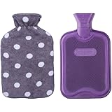 HomeTop Premium Classic Rubber Hot or Cold Water Bottle with Soft Fleece Cover (2 Liters, Purple/Gray Polka Dot)