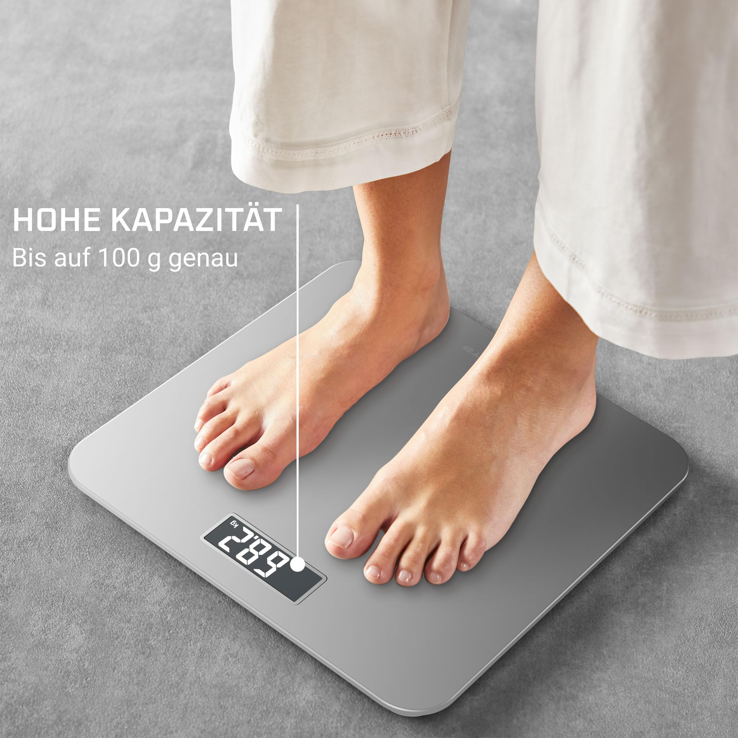 Rowenta Premiss 2.0 Personenwaage, einfach abzulesendes LCD-Display, bis 160 kg, nur 2,2 cm hoch, 30x30 cm, Silber, BS1801V0 6