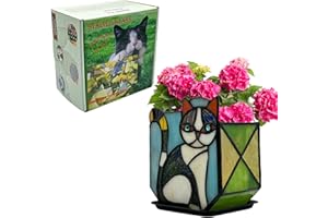 Entlityful Handmade Stained Glass Indoor Plant Pot,Flower Pots with Drainage Holes,Black Orange Cat Planter Pot, Cute Succulent Pots,Plant Lover Gifts for Women (with a Gift Box)