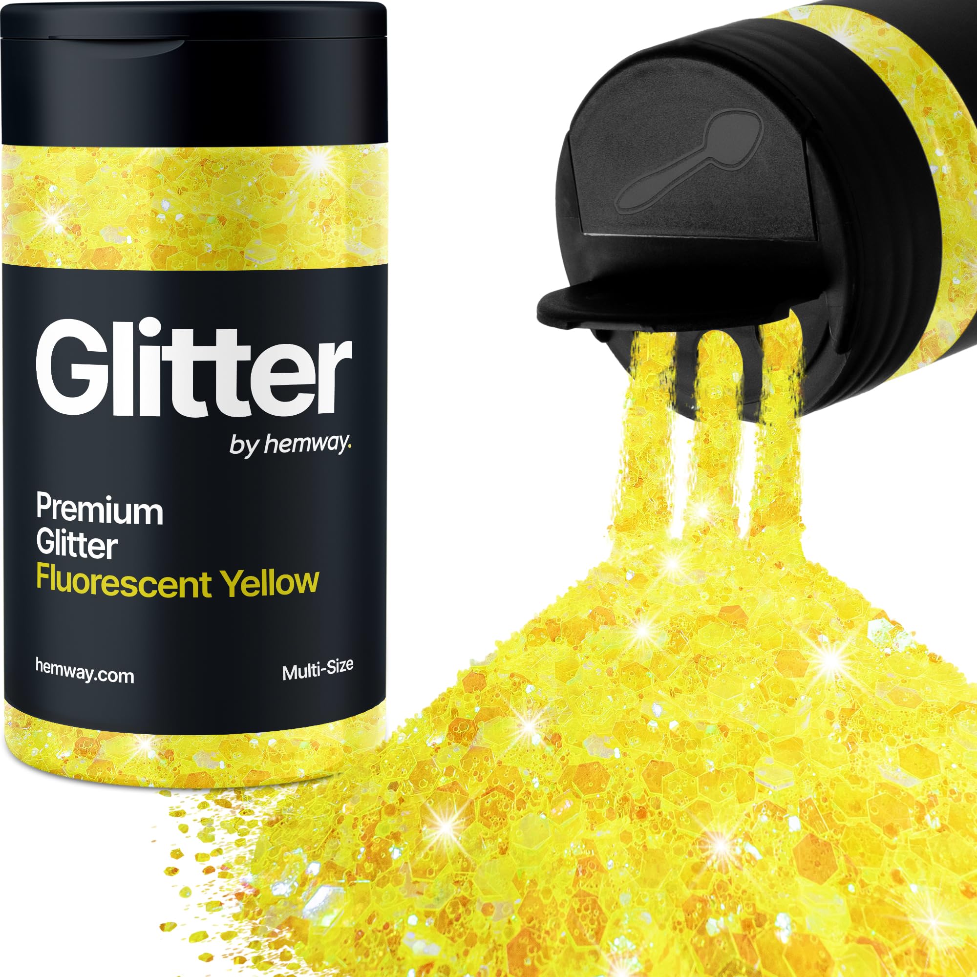Hemway Fluorescent Yellow Glitter Shaker, 120g Multi Size Glitter for Crafts Metallic Flake Sequins for Resin & Epoxy Crafts for Decorating, Halloween, Christmas, Nail, Face, Bunting, Art, Pots