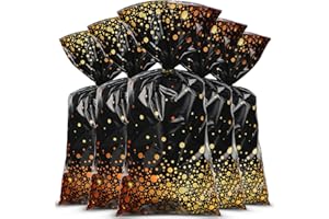 CENSEN 100 Pieces Plastic Party Treat Bags Foil Dot Cellophane Candy Goody Treat Bags with 100 Gold Twist Ties for Christmas Near Year Birthday Retirement Cocktail Wedding Party Supplies(Black Gold)