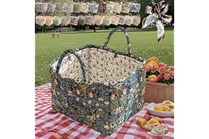 KUNISHI Boho Fabric Storage Basket, Bohemian Floral Laundry Basket, Large Capacity Quilted Puffer Tote Bag, Collapsible Vintage Flower, Household Organizer Hamper for Home,Picnic,Shopping,Travel (B-7#)