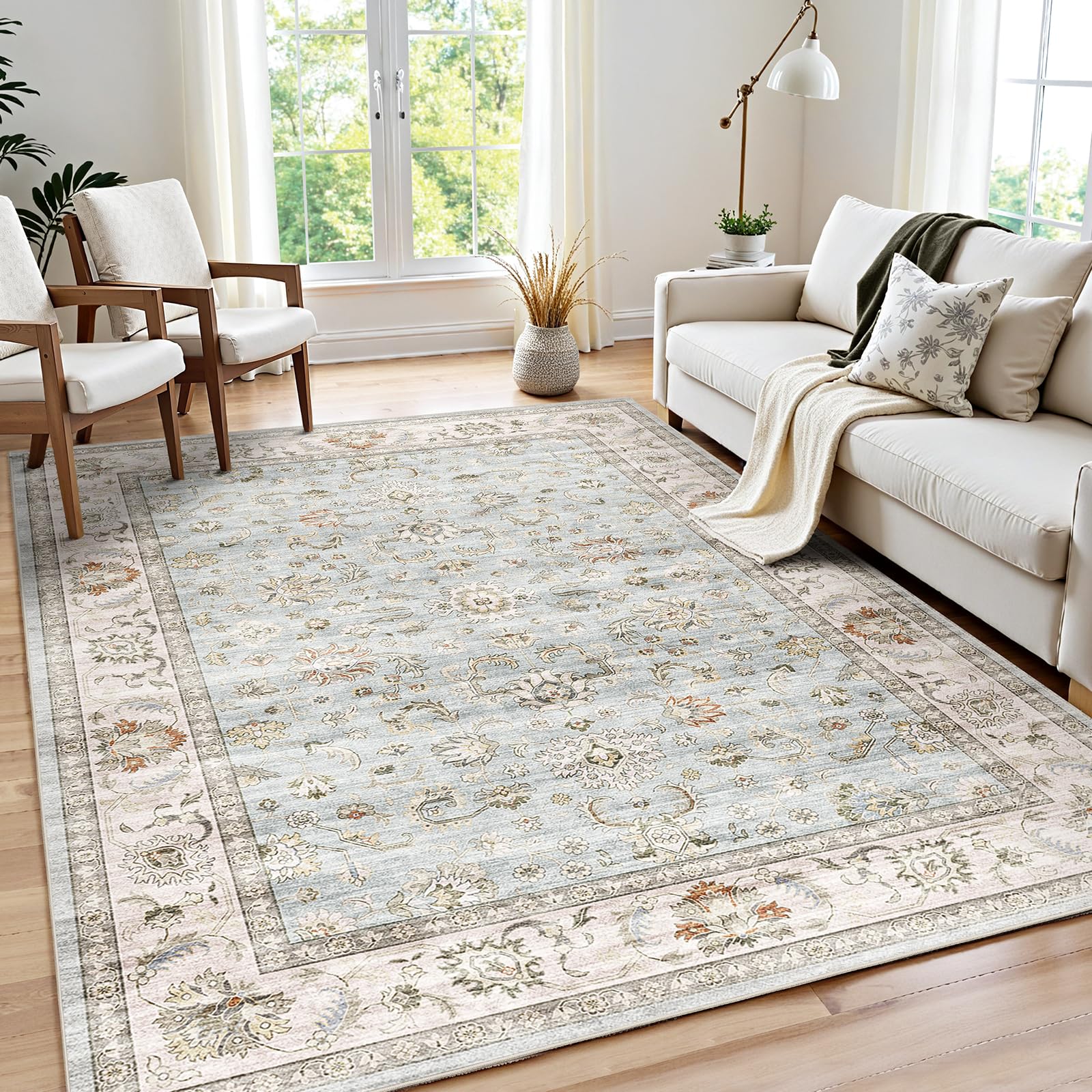 Photo 1 of WITSHOCK 6x8 Area Rugs for Living Room: Machine Washable Non Slip Vintage Carpet - Low Pile Lightweight Print Rug for Bedroom Dining Room - Stain Resistant for Household - Pet Owners (Light Blue)