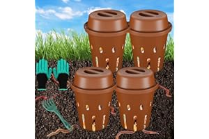 TOP XIAN Inground Worm Composter, Mini Underground Worm Farm for Garden Beds, Outdoor Worm Compost Bin for Food Waste, Vermicomposting Bin for Beginners, Elderly, Children (7x7x7.4Inch), Tan, 4-Pack