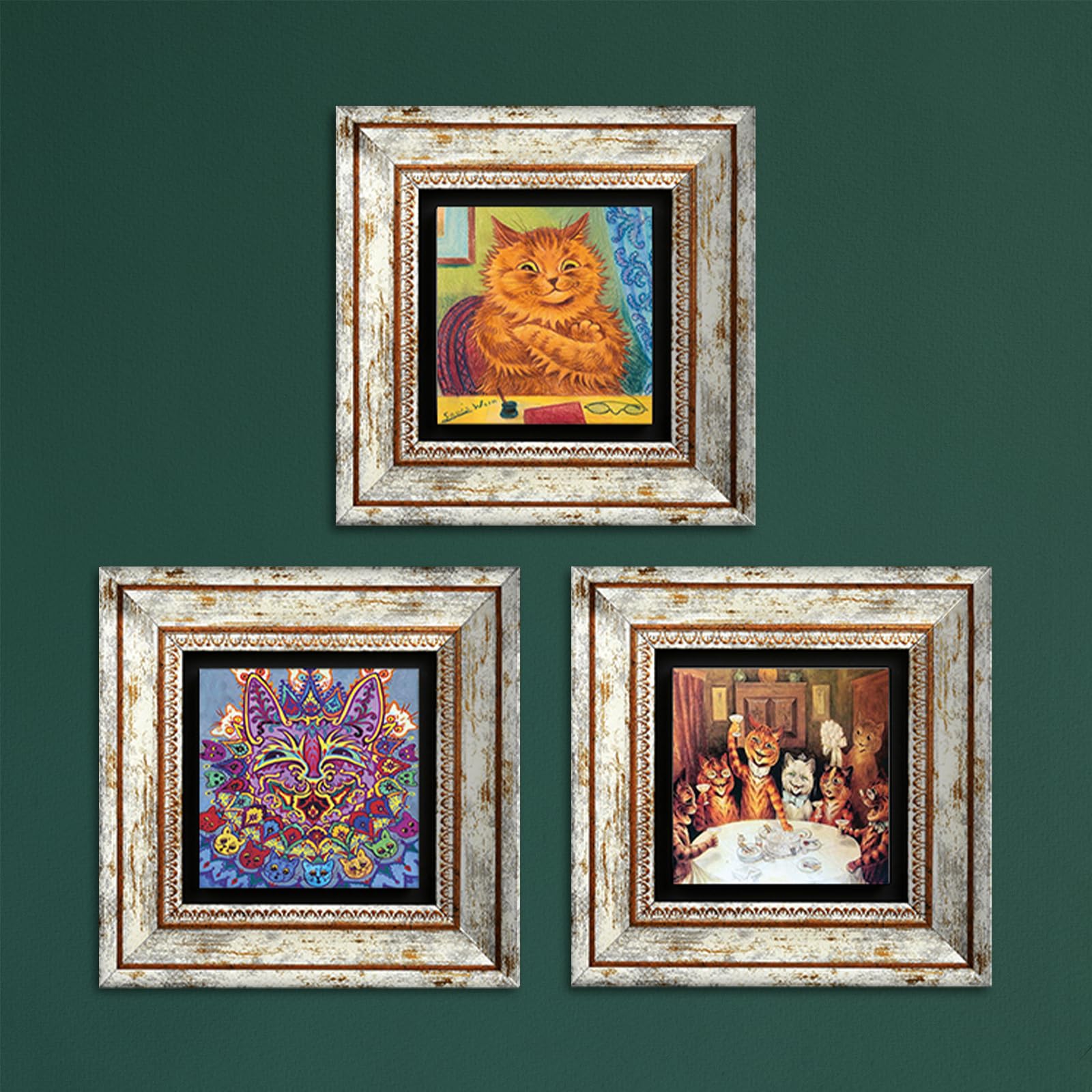 Artistry Home Louis Wain Masterpieces Trio Art Prints on Natural Stone with Recycled Frames Cats Kittens Animals Cat Lovers