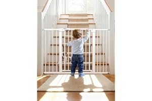 BABELIO 29-55 Inch Extra Wide Baby/Dog Gate, PressGuard P7, Metal Auto Close, Pressure Mounted Pet Door for Doorways, NO Need Tools and Drilling, with Wall Cups, White