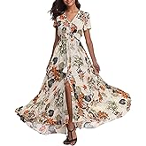 Women's Floral Maxi Dresses Casual Long Summer Boho Beach Dress Short Sleeve Button Up Split Party Dress