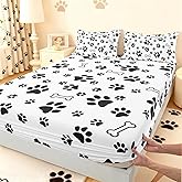 Dog Paw Print Bedding Set Twin Size Puppy Bone Bed Set for Girls Teens Bedroom Decor Kids Black White Fitted Sheet Soft Microfiber Dog Footprints Bed Cover(1 Fitted Sheet+1 Pillow Case),No Flat Sheet