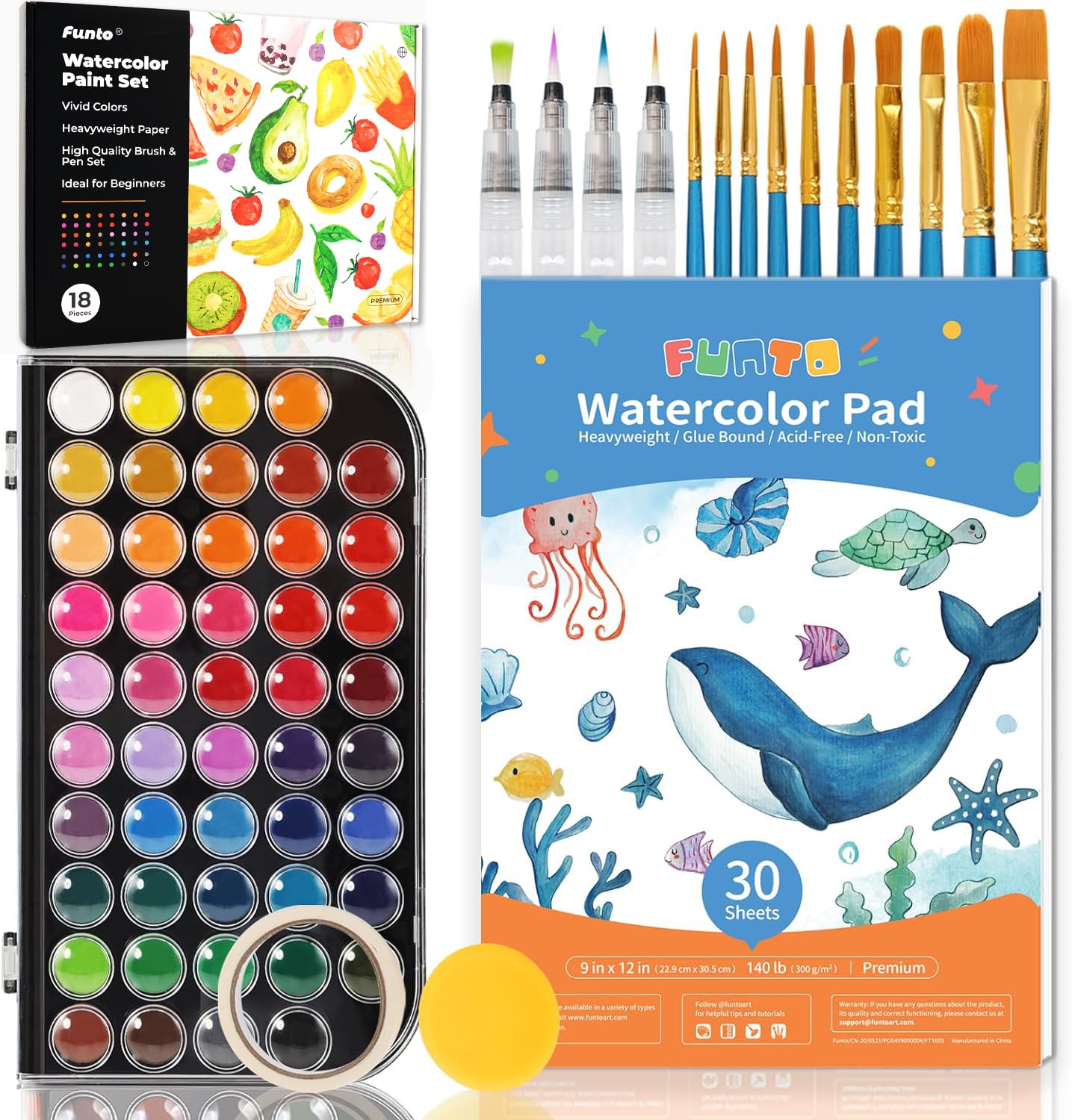 Funto Watercolor Set, 48 Color Paint Set, 10 Brushes, 30 Page Pad(9