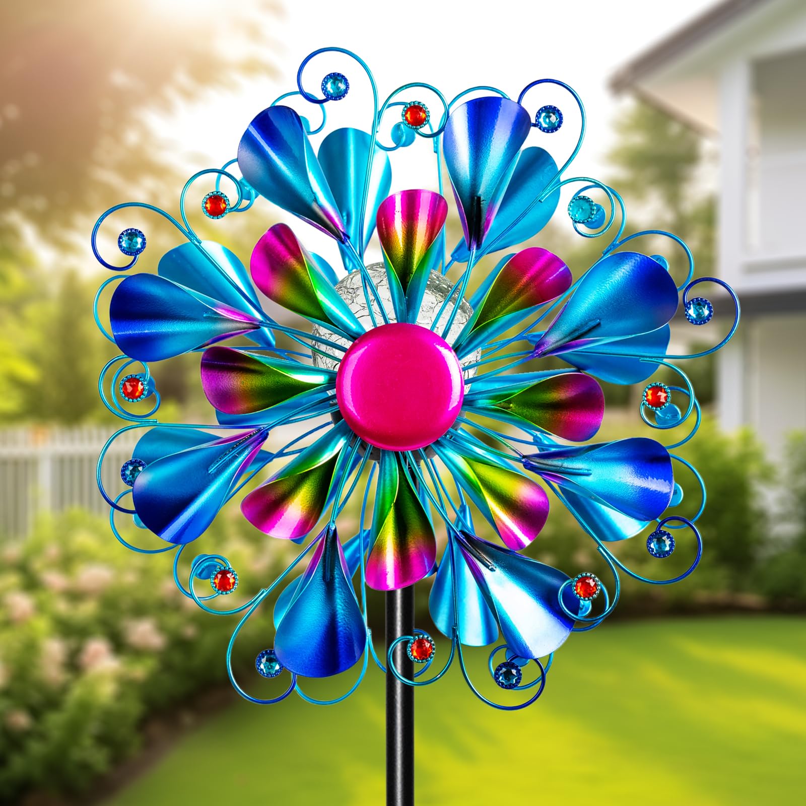 Photo 1 of 60'' Wind Spinner with Color Glass Ball Solar Lights, Blue Peacock Feathers Metal Garden Outdoor Decor Yard Lawn Art Decor for Patio Kinetic Windmills Unique Gifts for Friends and Family