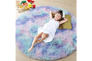 ONASAR Rainbow Round Area Rug 4x4, Soft Bedroom Circle Rugs Mats for Kids Girls Teen Room, Mermaid Fluffy Plush Shaggy Carpet for Baby Nursery Living Room Playroom Home Decor Princess Castle