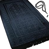 Modefa Luxury Velvet Plush Muslim Prayer Rug - Floral Stamp (Black) | Turkish Islamic Prayer Mat, Janamaz Sajadah, Praying Carpet