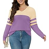 Womens Plus Size V Neck Sweaters Knit Long Sleeve Color Block Lightweight Warm Sweatshirt Pullover Tops Fall Winter Sweater