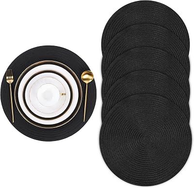 Pauwer Woven Round Placemats Set of 6 Black 38 cm Non Slip Heat Resistant
