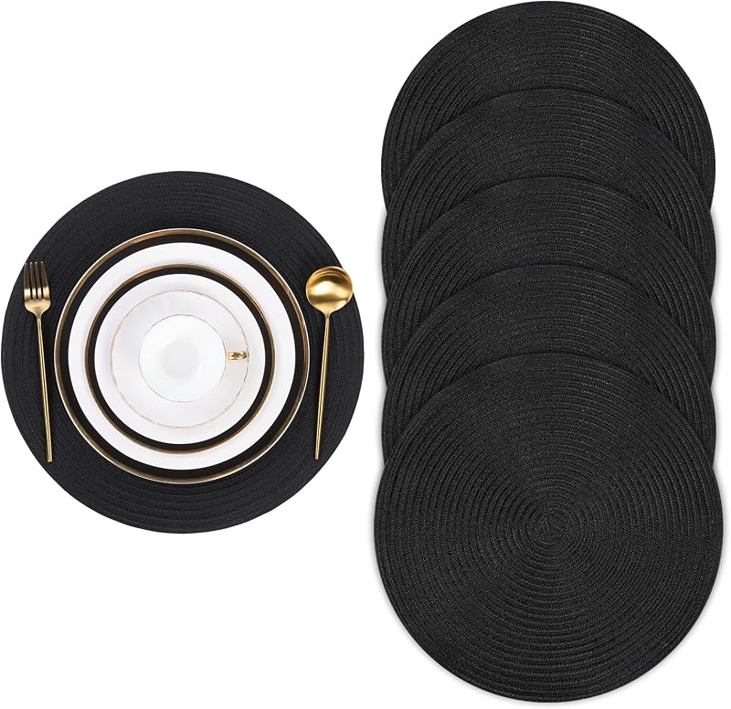 Pauwer Woven Round Placemats Set of 6 Black 38 cm Non Slip Heat Resistant