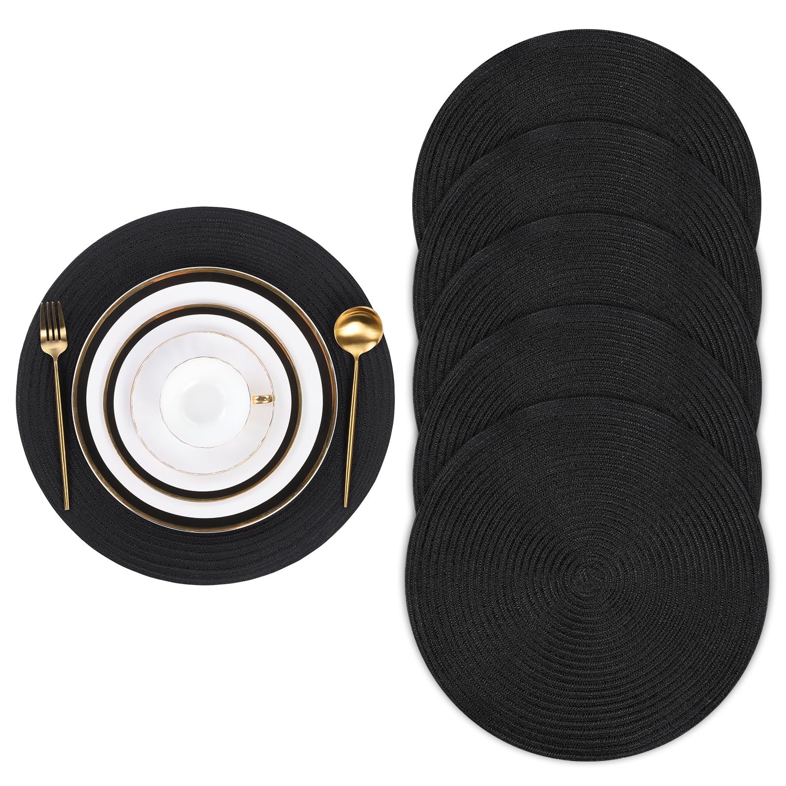 Pauwer Woven Round Placemats Set of 6, Heat Insulation Non Slip Braided Dinner Table Mats Washable Kitchen Dining Table Place Mats for Hotel Wedding Party Holiday, Black