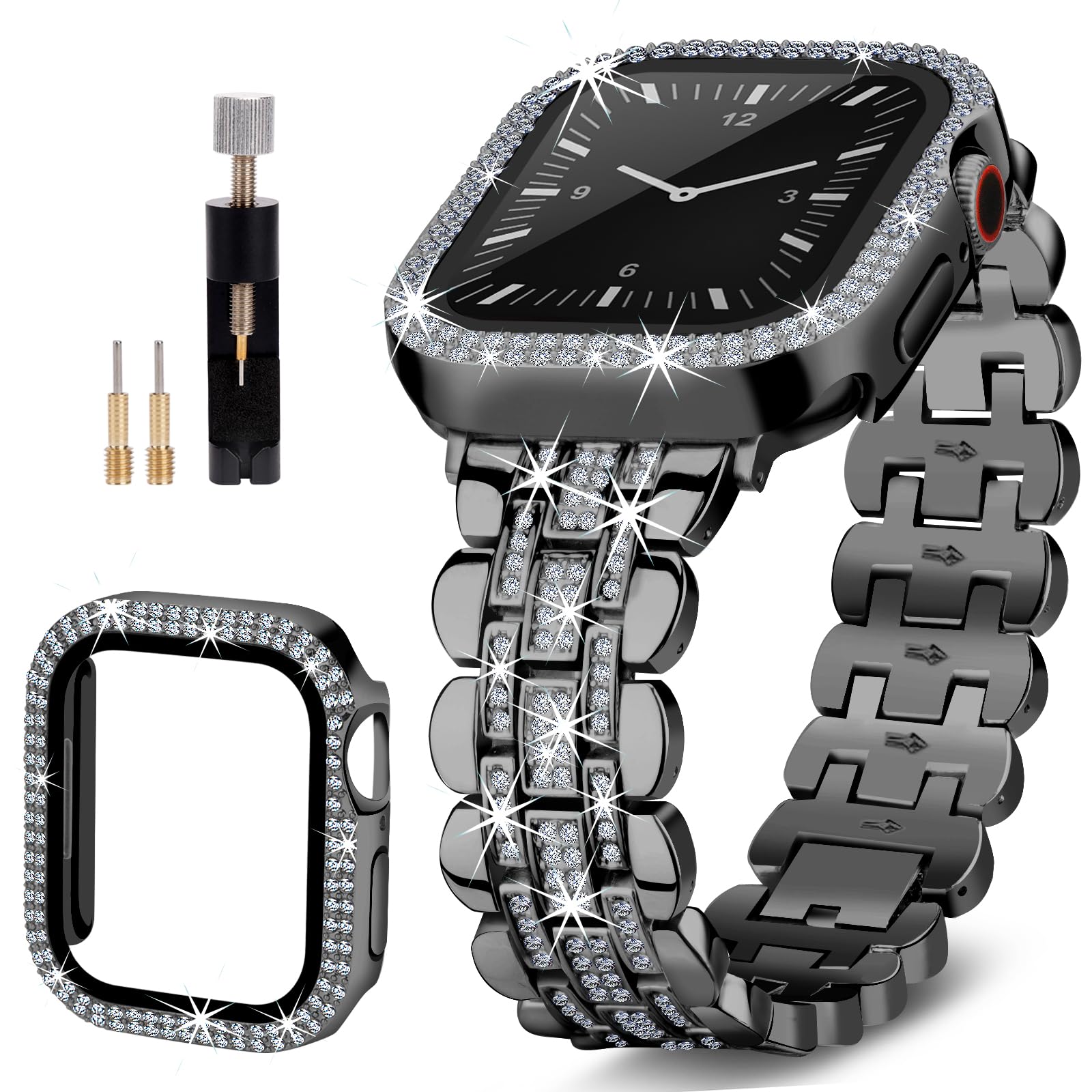 beu1st Bling Bands Compatible with Apple Watch Band 44mm for Women, Diamond Jewelry Replacement Metal Wristband Strap Shiny Bracelet with Crystal Protector Casefor iWatch Series 6/5/4/SE