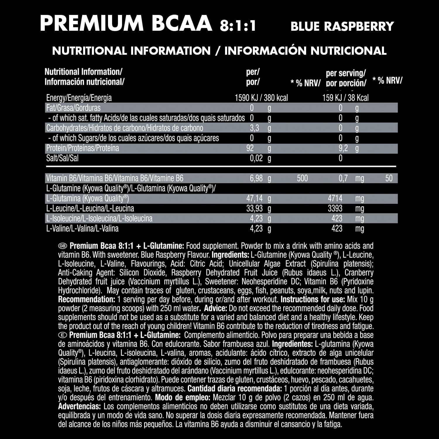 Premium BCAA 8:1:1+L-Glutamine (500g) Blue Raspberry Flavour - Image 3