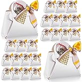 HOFURME 24 Pack Leather Ribbon Candy Bag Gift Bags PU Wedding Gift Bags with Handle Ribbon Reusable Party Favor Boxes for Weddings Birthdays Christmas Baby Showers Halloween (White)