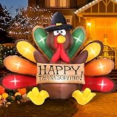 6FT Thanksgiving Inflatables Turkey Decor with Pilgrim Hat &amp; Colorful Tail | Build in LEDs Blow up Turkey, Waterproof Fabric, Durable Blower, Outdoor Indoor Lawn Yard Autumn Holiday Harvest Decorations