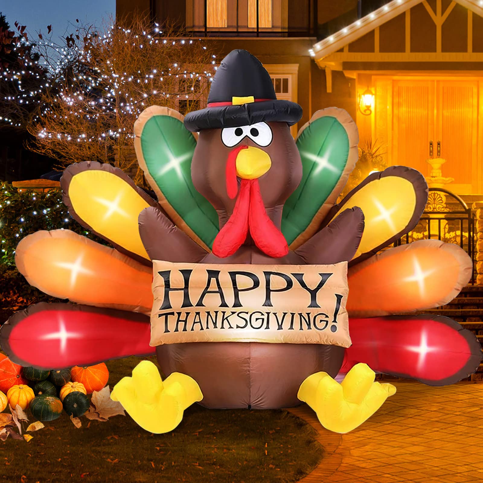 Photo 1 of MICOCAH 6FT Thanksgiving Inflatables Turkey Decor with Pilgrim Hat & Colorful Tail, Build in LEDs Blow up Turkey Inflatable Outdoor Indoor Lawn Yard Thanksgiving Decorations - Autumn Holiday Harvest