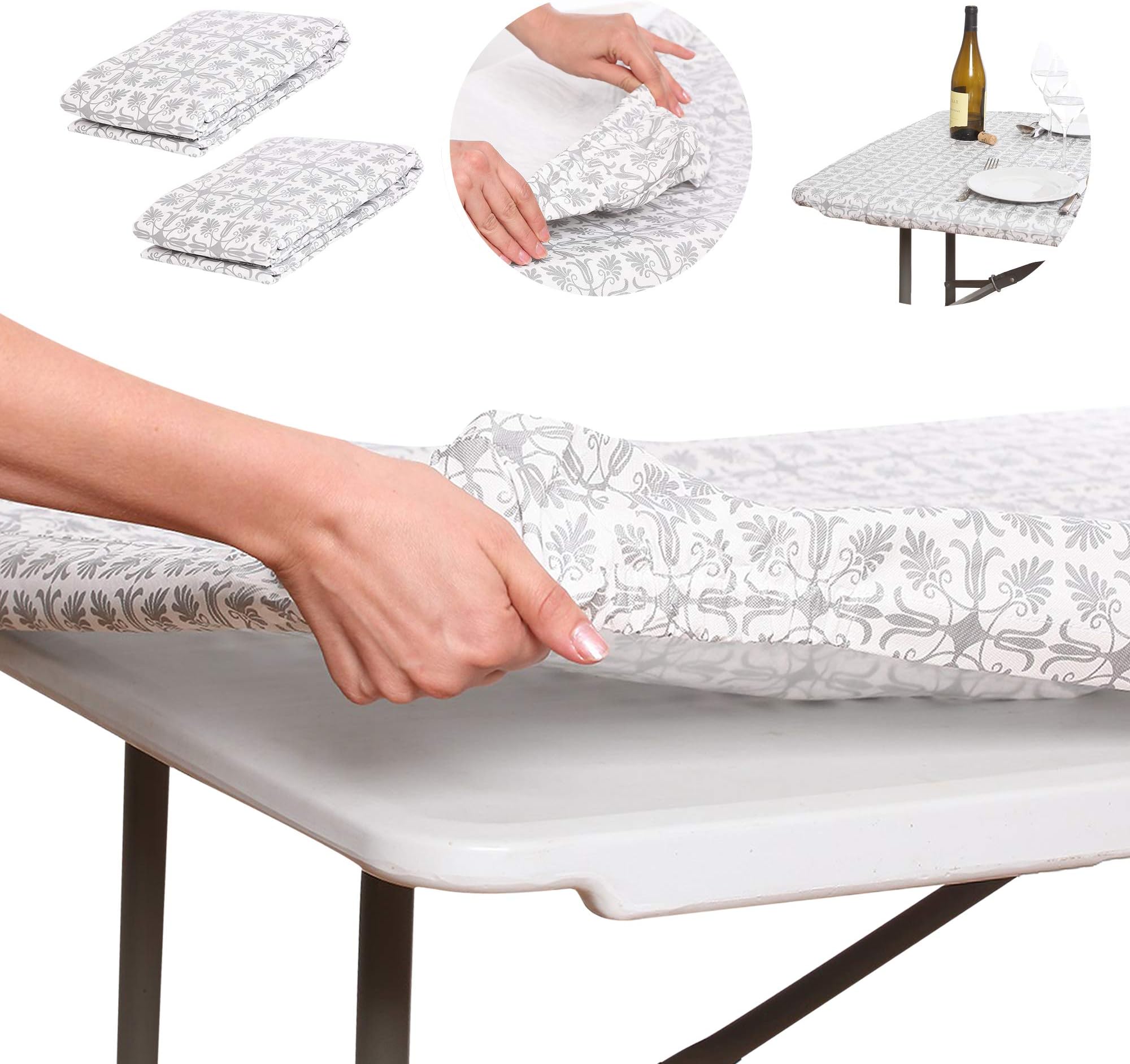 AtkEssentialProducts Waterproof Plastic Vinyl Tablecloth Elastic Edged Rectangular Fitted Picnic Cover Outdoor tablecloths Rectangle Tables Home Indoor Fits 6 ft 30*72 Folding Table Silver Patterned