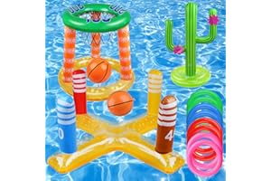 TASOAPALU Pool Games Set-8 Inflatable Rings,Inflatable Basketball Hoop,Cactus Toss Game,Cross Toss Game and 2 Inflatable Small Basketballs-Perfect Water Toys for Kids,Teens and Adults