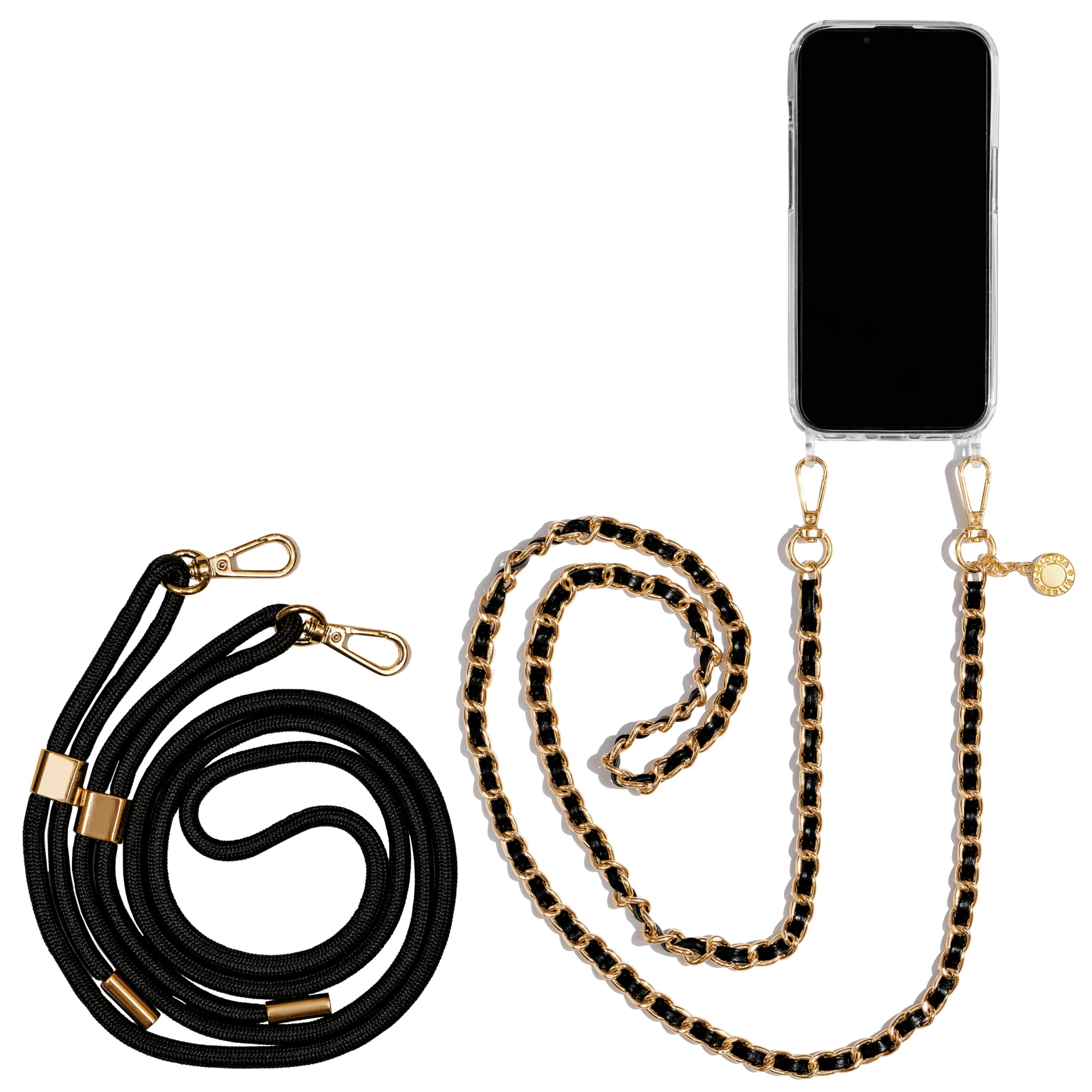 Jalouza Phone Necklace Chain Compatible with iPhone 6 Plus/6s Plus/7 Plus/8 Plus – Set with Braided Chain, Transparent Case and Black Cord – Crossbody Case for Apple iPhone – Premium Phone Neck Holder