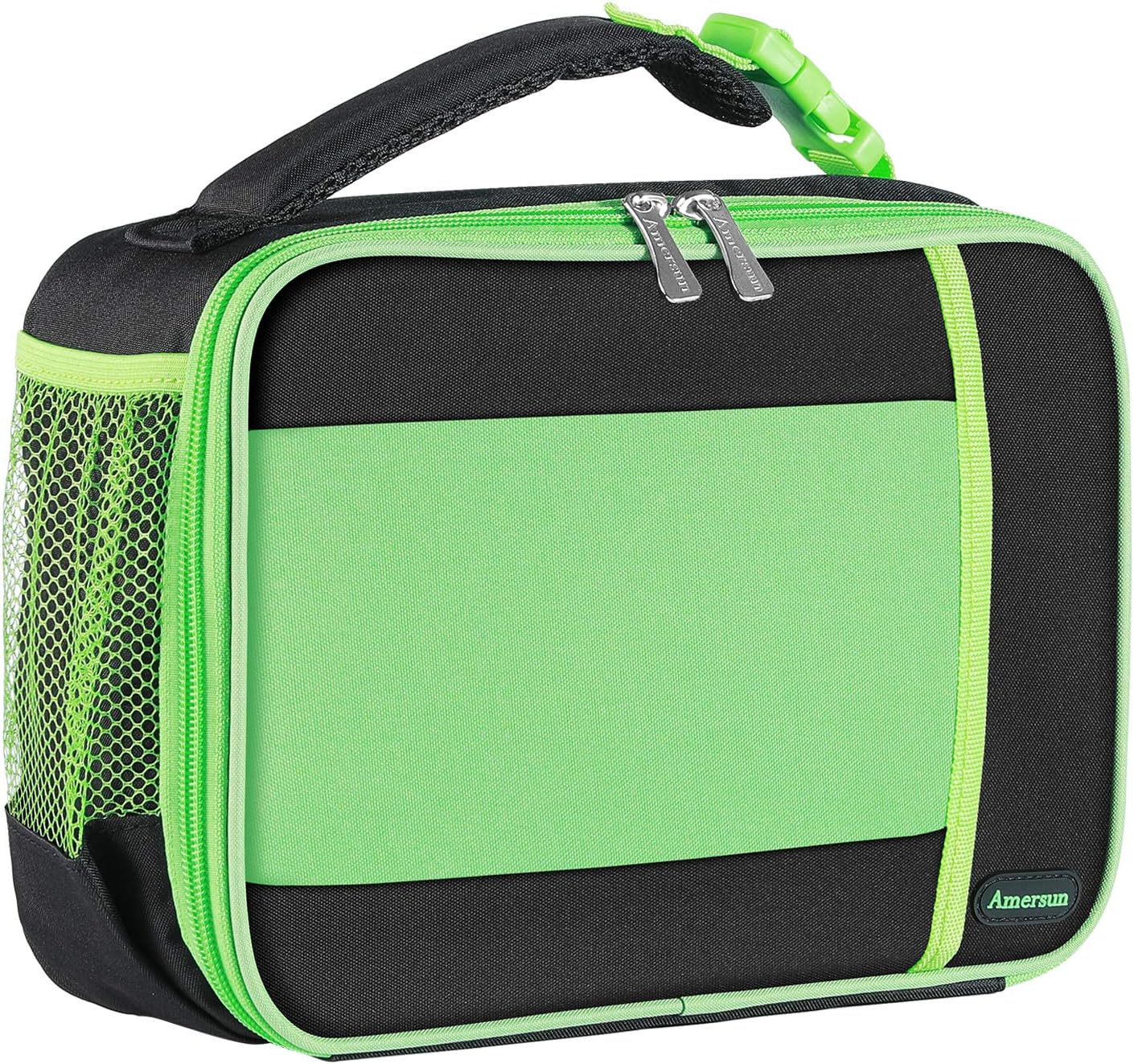 Kids Lunch Box with Supper Padded Inner Keep Food Cold Warm for Longer Time,Amersun Leak-proof Solid Insulated School Lunch Bag with Multi-Pocket for Teen Boys Girls,CPC Certified,Black+Green