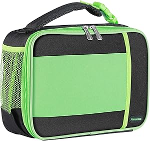 Kids Lunch Box with Supper Padded Inner Keep Food Cold Warm for Longer Time,Amersun Leak-proof Solid Insulated School Lunch Bag with Multi-Pocket for Teen Boys Girls,CPC Certified,Black+Green
