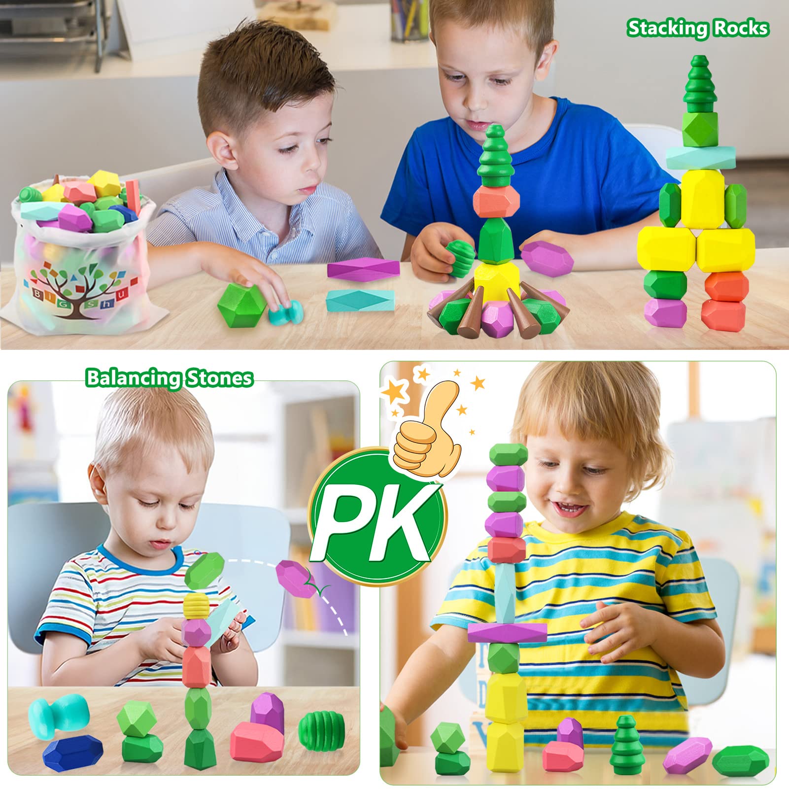 Toys for 3 Year Old Boys Girls, 36 PCS Colorful Wooden Sorting Stacking Rocks for Toddlers 3-4 Montessori Sensory Building Blocks for Kids Ages 4-8, Preschool Learning Activities for Home School