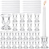 Threlaco 48 Pcs Glass Candlestick Holders Bulk Taper Candle Holders Decor 2.5 Inch with Long Tapered Candles for Table Centerpiece Wedding Holiday Party Decoration