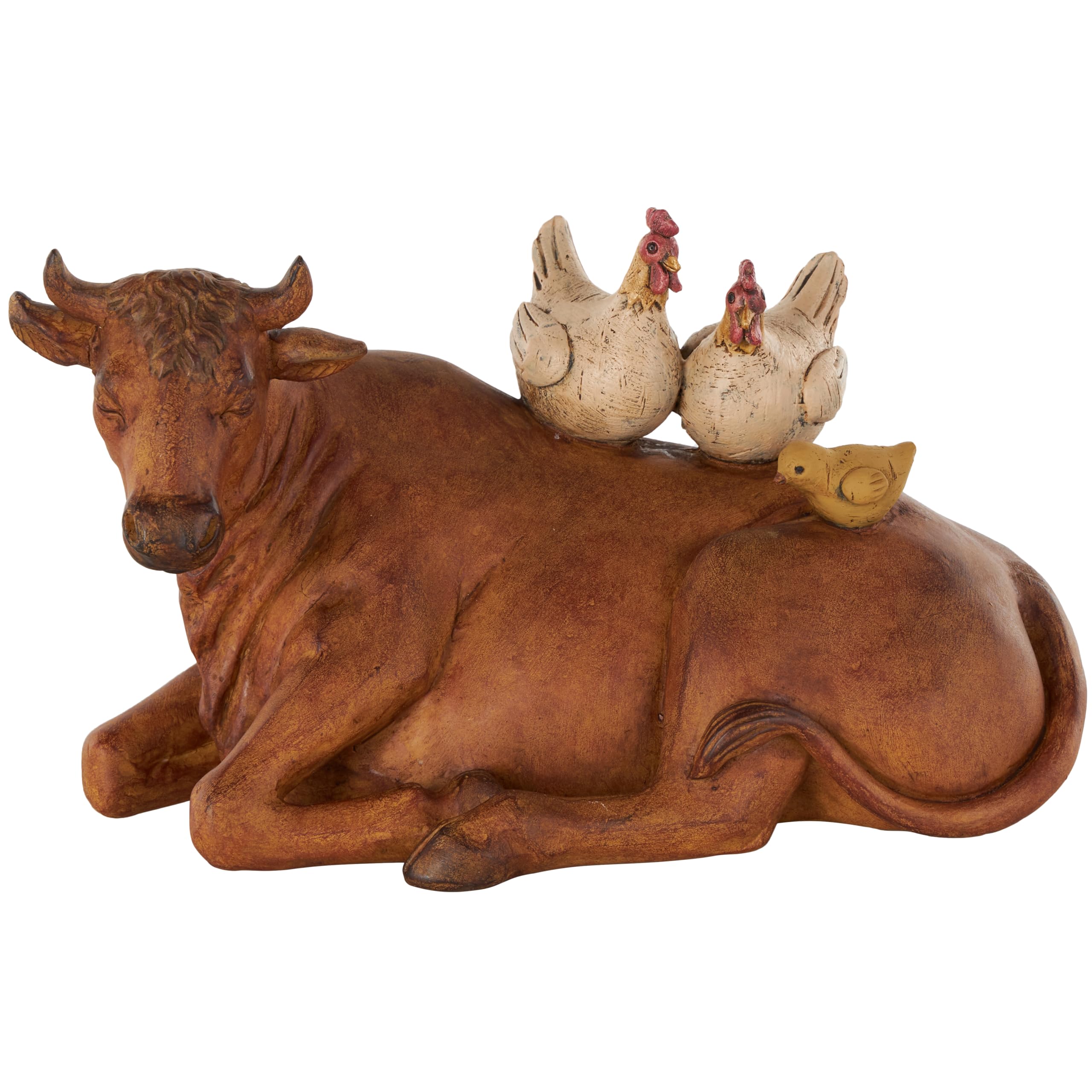 Deco 79 Polystone Cow Sculpture with Sitting Roosters and Chicks, 12" x 6" x 7", Copper Image