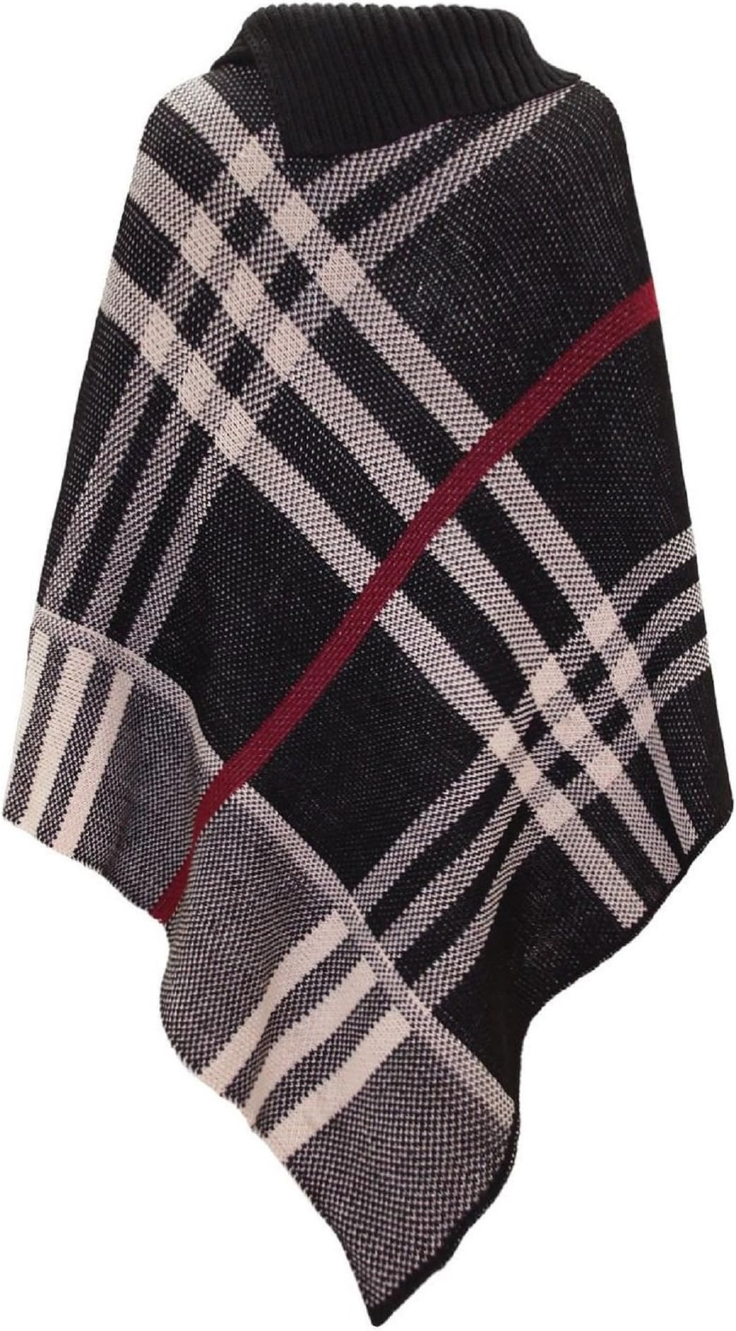 Women's Checked Knitted Winter Poncho Red Band Wrap Shawl Cape