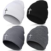 Newcotte 4 Pcs Christian Cross Beanie Jesus Hat Skull Winter Cap Embroidery Knitted Unisex Beanies Faith Religious Gifts for Men Women Teen Winter Sports