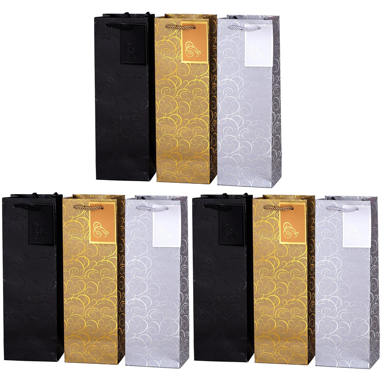 Pack of 9 Noble Bottle Gift Bags Gold Silver Black for Wine Sparkling Wine and Champagne 36 cm x 12 cm x 10 cm - 14.17" x 4.72" x 3.94"