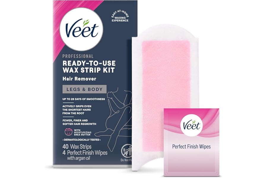 VEET Sugar Wax Strips For Women’s Body Hair Removal, Bikini Hair Removal Kit, Pubic, Dermatologically Tested For Body & Intimate Areas, 40ct Wax Strips with Shea Butter & 4ct Wipes