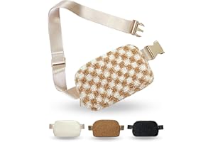 CITRUSY BOUTIQUE Boutique Fleece Belt Bag | Sherpa Checkered Crossbody Bag Fanny Pack for Women Fashionable | Cute Everywhere Waist Pack | Small Fashion Bag | Gold Accessories | Adjustable Small Strap | Chai Checker