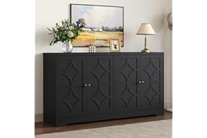 RoyalCraft Sideboard Buffet Cabinet, 56" Modern Credenza with 4 Doors and Adjustable Shelves, Wood Accent Cabinet Console Media for Entryway, Living Room, Kitchen, Satin Black